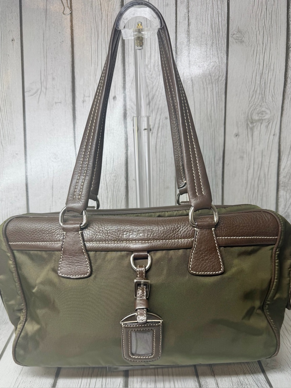 PRE LOVED Vintage Olive Green Y2k Prada Tessuto Nylon Stachel/Tote Bag